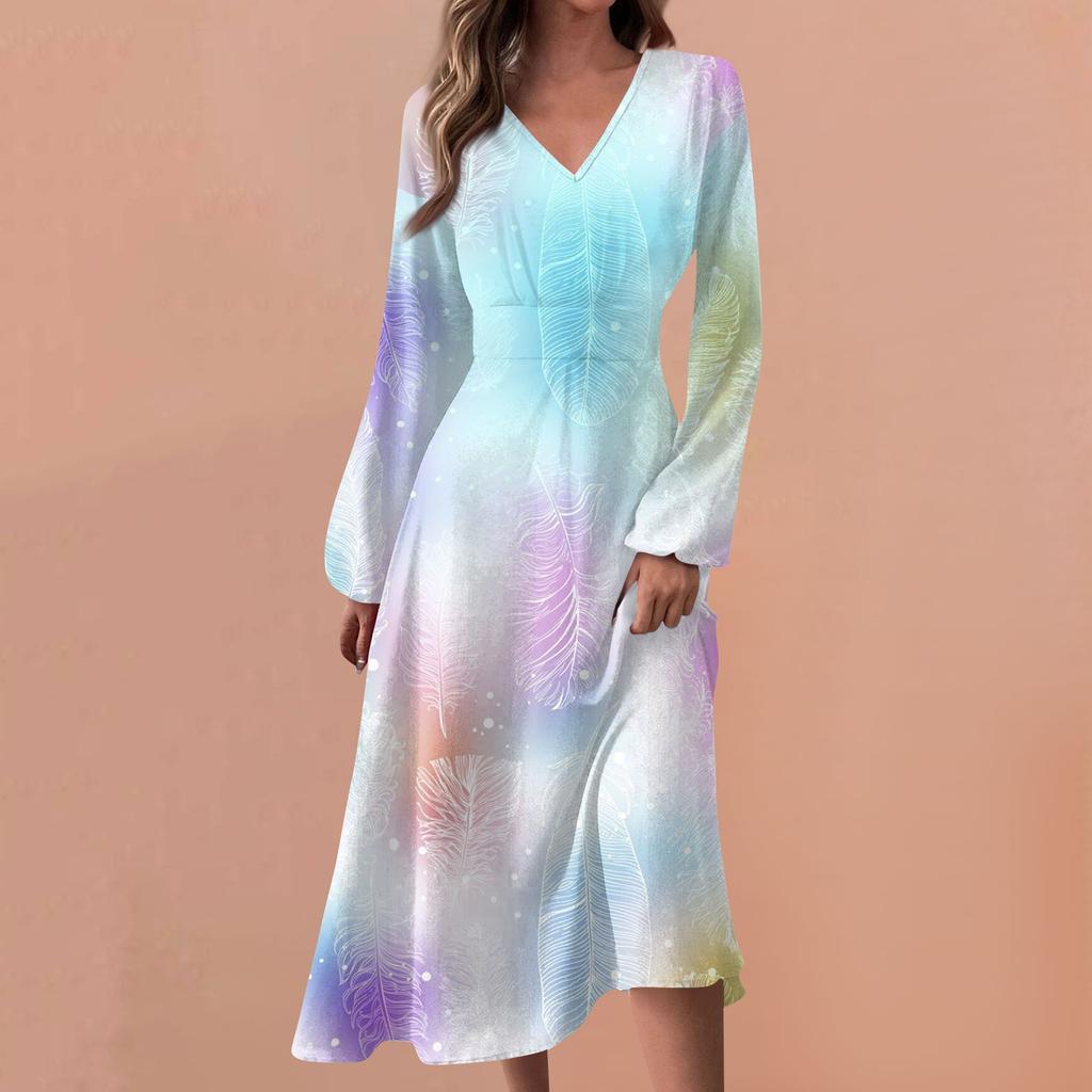 Женские весенне-осенние повседневные модные длинные платья с v-образным вырезом и длинным рукавом с градиентным принтом