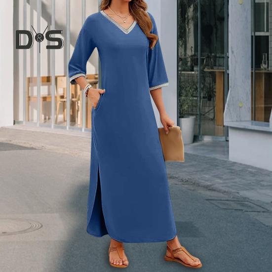 Women Maxi Dress with Side Pockets V Neck 3/4 Sleeves Loose Slit Hem Solid Color Patchwork Solid Color Loose Pullover Beach Dress