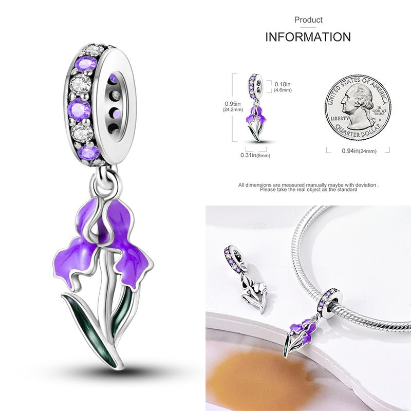 Copper Lavender Tulips Pansy Iris Charm Beads Colorful Flower Dangle Fit Original Bracelet Diy Jewelry Gift