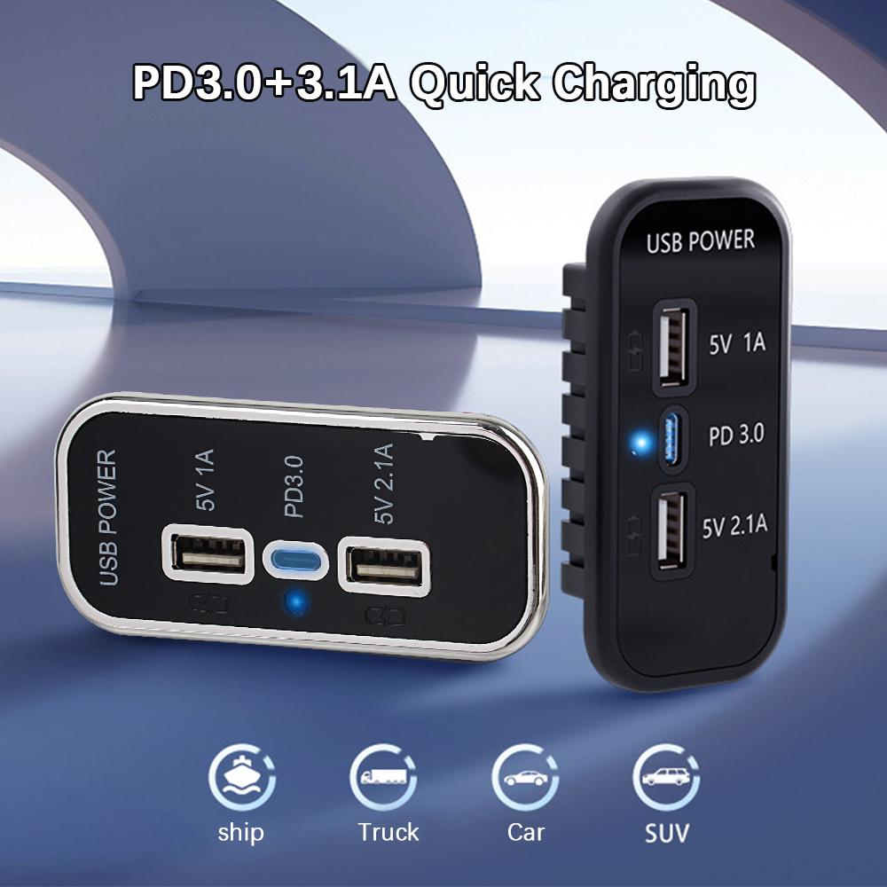 Dual USB Charger Outlet Quick Charge Panel Wall Mount 3 Port USB Charger Socket Car Charge Adapter 12/24V