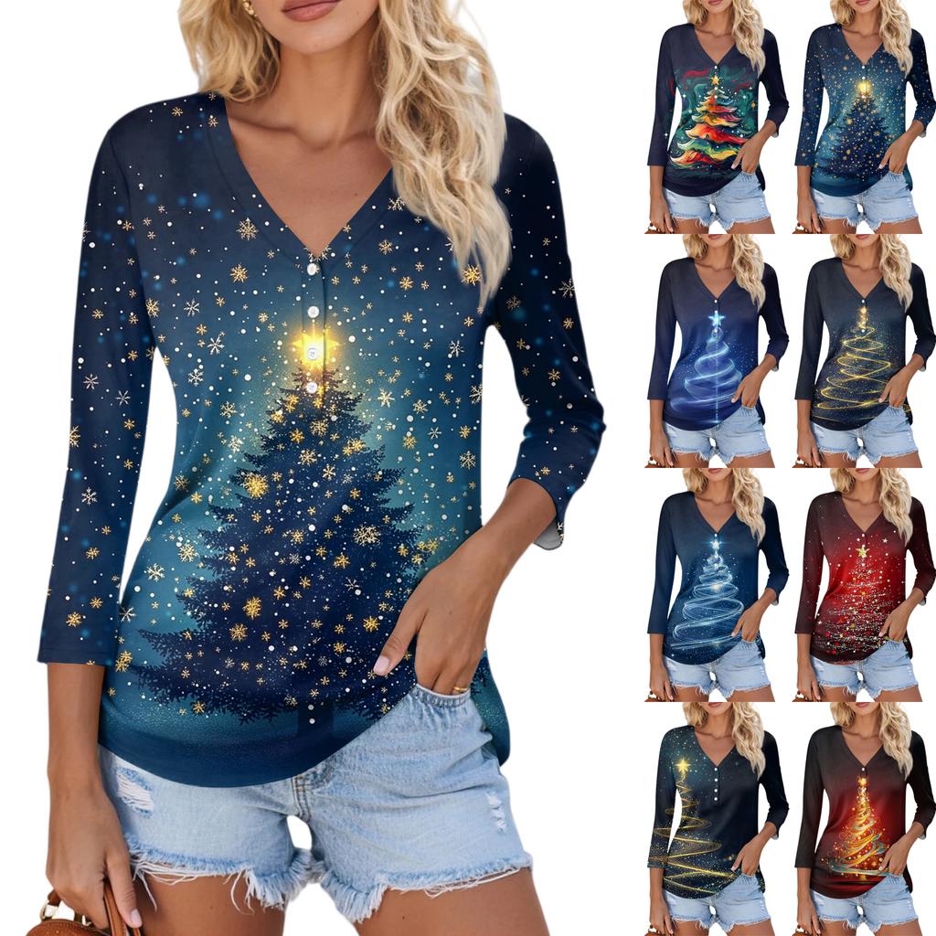 Women's Casual Fashion Sexy Comfortable Christmas Print V-Neck Button Three-quarter Sleeve Top