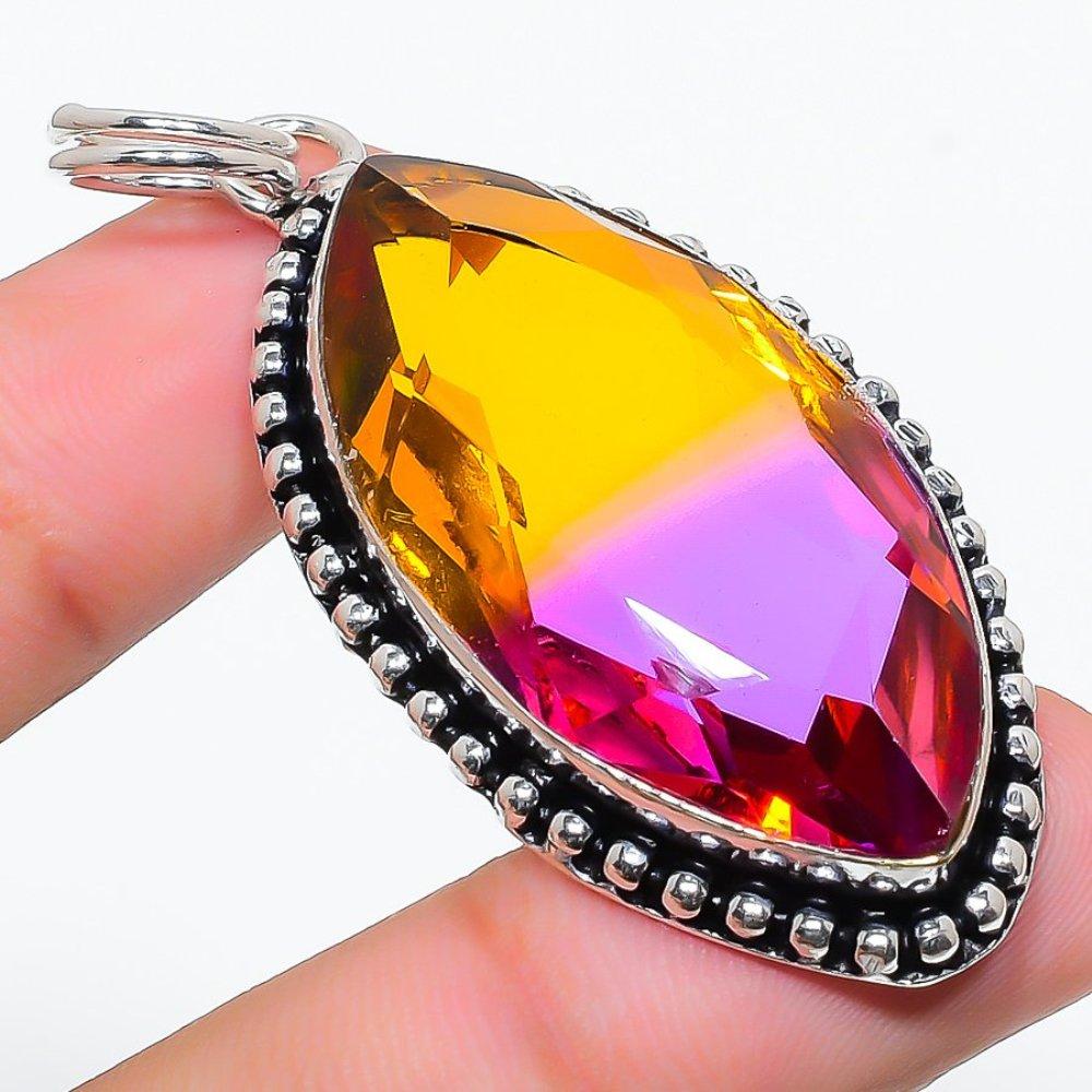 Natural Bi-Color Tourmaline Gemstone 925 Sterling Silver Pendant 2.36" U8d11