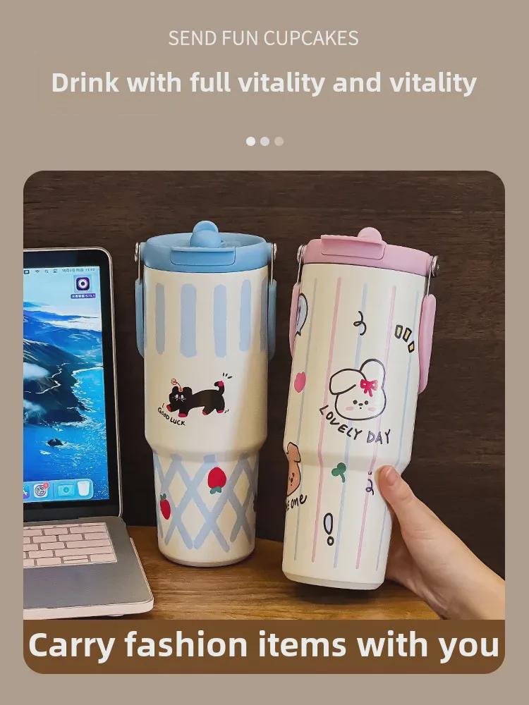 Термос с трубочкой и большой емкостью 2024 для девочек — стильная дорожная и гигантская ледяная чашка