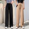 Women Ice Silk Pants Elastic High Waist Adjustable Drawstring Straight Wide Leg Pants Solid Color Long Trousers Daily Wear