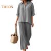 Women's Cotton Linen 2 Piece Set Casual Lapel V Neck Short Sleeve Top Wide Leg Pants Set Summer Loose Lounge Outfits