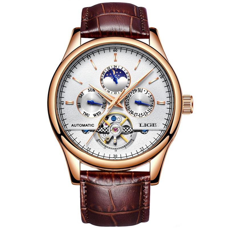 LIGE Men's Automatic Mechanical Watch Leather Waterproof Multi-Function Sports Tourbillon Wristwatch