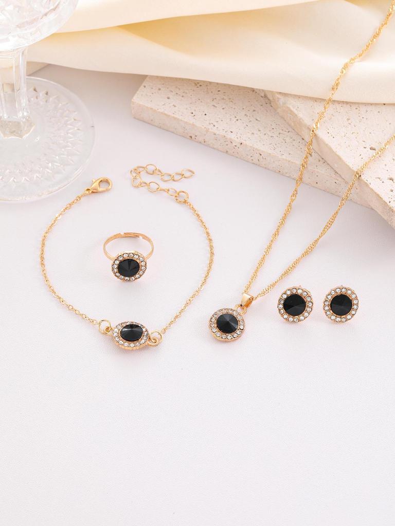 Elegant Jewelry Set: Diamond Earrings, Necklace, Bracelet, Ring, and Watch