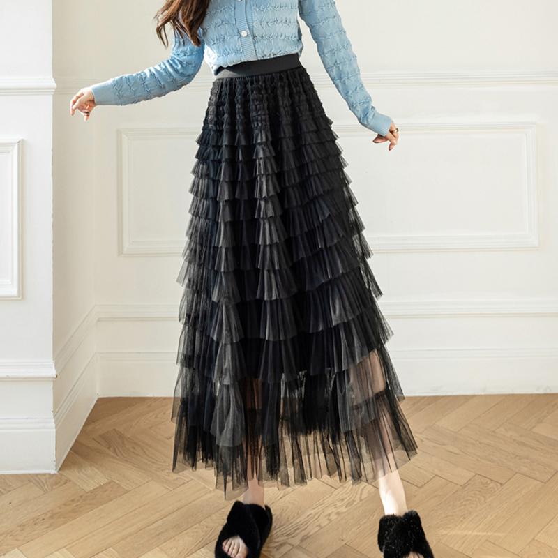 Qooth Осенняя сетчатая пышная длинная юбка в корейском стиле, элегантная винтажная бальное платье с эластичной резинкой на талии и высокой талией, газовая тюлевая юбка QT1989