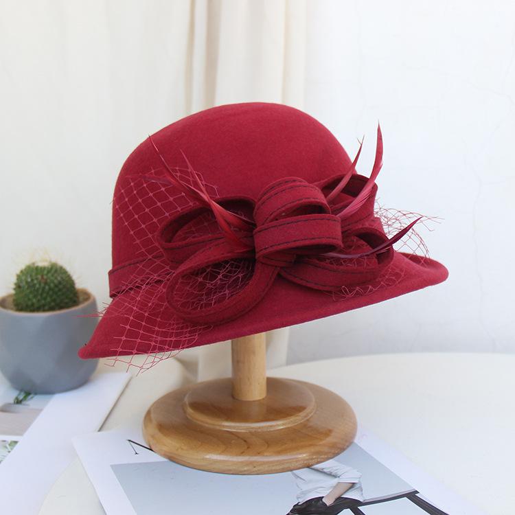 Autumn and winter hat women's three-dimensional flower woolen woolen pot hat fashionable and elegant mesh top hat versatile felt hat