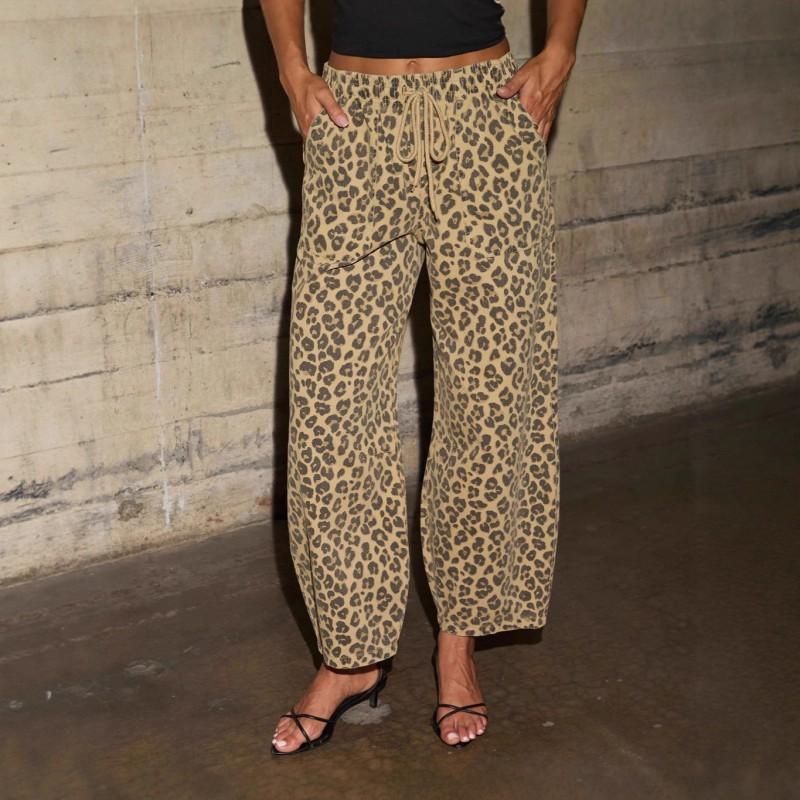 Womens Loose Fit Leopard Print Denim Pants Casual Street Style Jeans