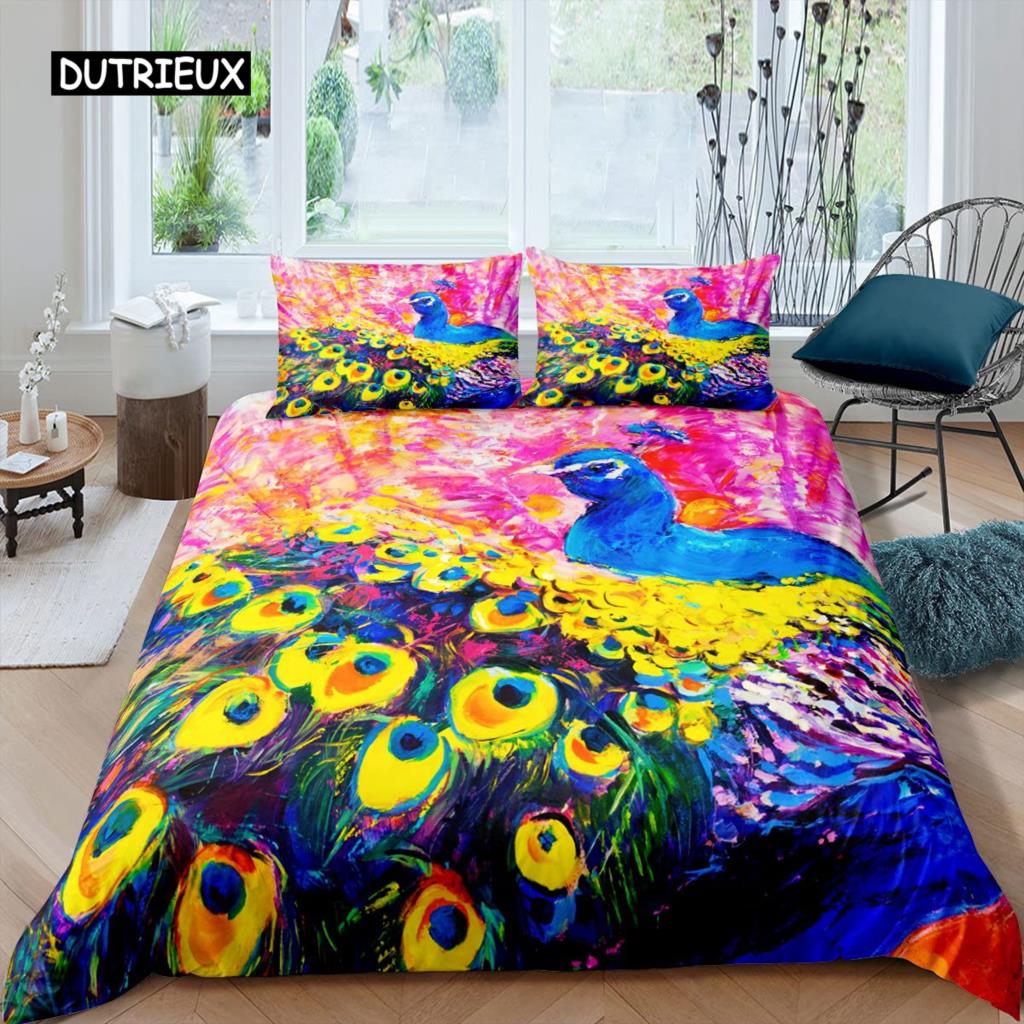 Peacock Duvet Cover Set Microfiber Gorgeous Blue Feather Comforter Cover Pink Flower Soft 2/3Pcs Birds Animal Theme Quilt Cover