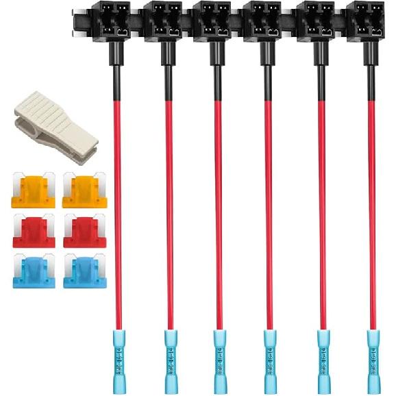4pcs 12V-24V Add-a-Circuit Micro2 Fuse Tap, Piggy Back Blade Fuse Holder with Wire Harness, 6 pcs Micro 2 Fuse (5A 10A 15A) and Fuse Puller