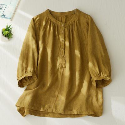Летняя женская хлопковая льняная блузка, свободный топ, однотонная рубашка с коротким рукавом и половиной открытой шеи, круглый вырез