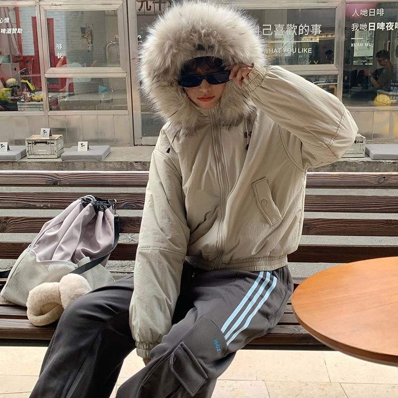 Real shot American retro fur collar hooded cotton clothes women's winter design sense thickened warm pie overcome cotton coat