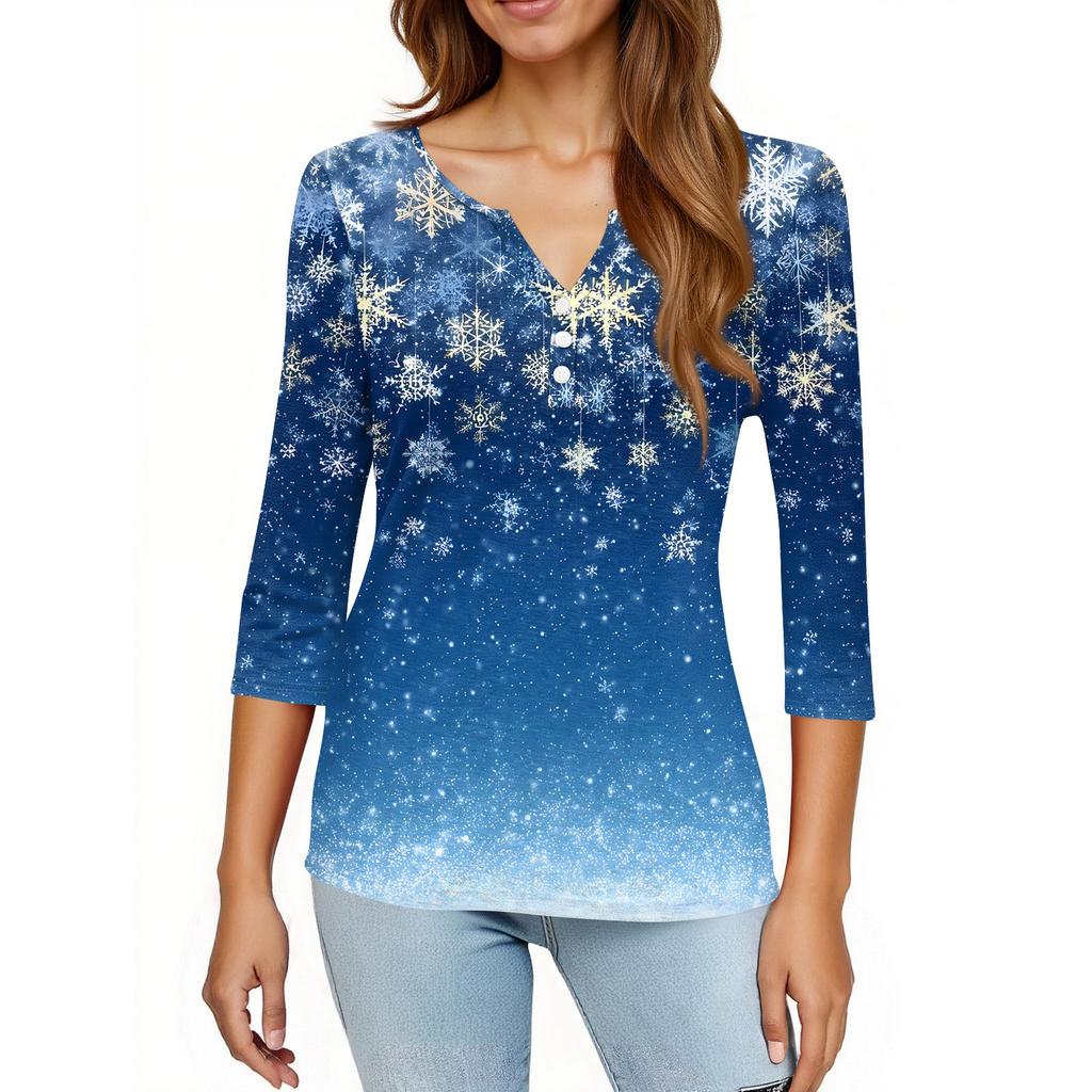 Women's T Shirt Christmas Print Button 3/4 Sleeve Daily Weekend Fashion Basic V- Neck Regular Top