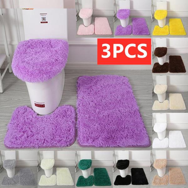 3 Pcs/set of Solid Color Bathroom Mat Set Fluffy Bristles Bath Blanket Modern Toilet Cover Blanket Set Rectangle