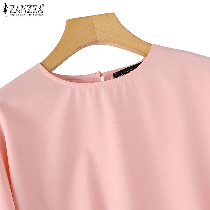 ZANZEA Женская прямая однотонная свободная блузка с круглым вырезом и расклешенными рукавами 3/4