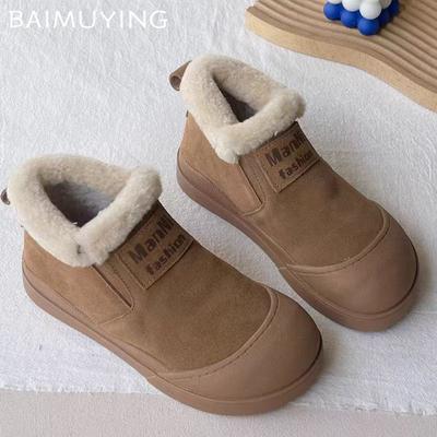 Меховые женские туфли на плоской подошве, зимние ботильоны, замшевые короткие плюшевые повседневные хлопковые туфли 2025 года, дизайнерские зимние прогулочные теплые зимние ботинки Mujer