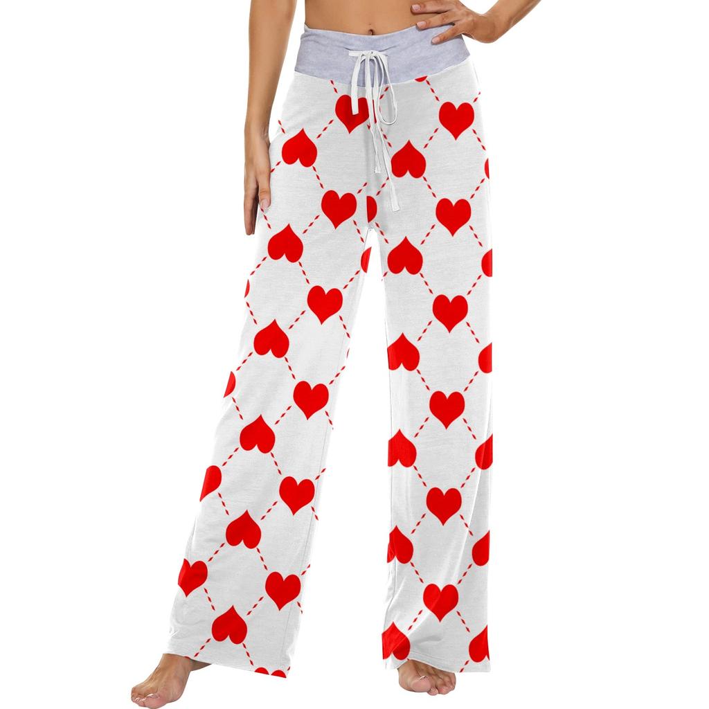 Women's Fashion Casual Comfortable Pajama Pants Love Printed Drawstring Wide Leg Pants Trousers