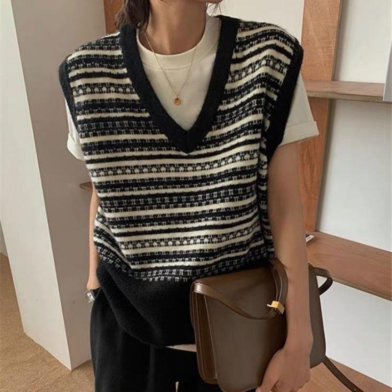 Пуловер-свитер, женский жилет 2023, винтажный вязаный жилет, женский осенний свободный жилет с v-образным вырезом и свободным полосатым жилетом без рукавов