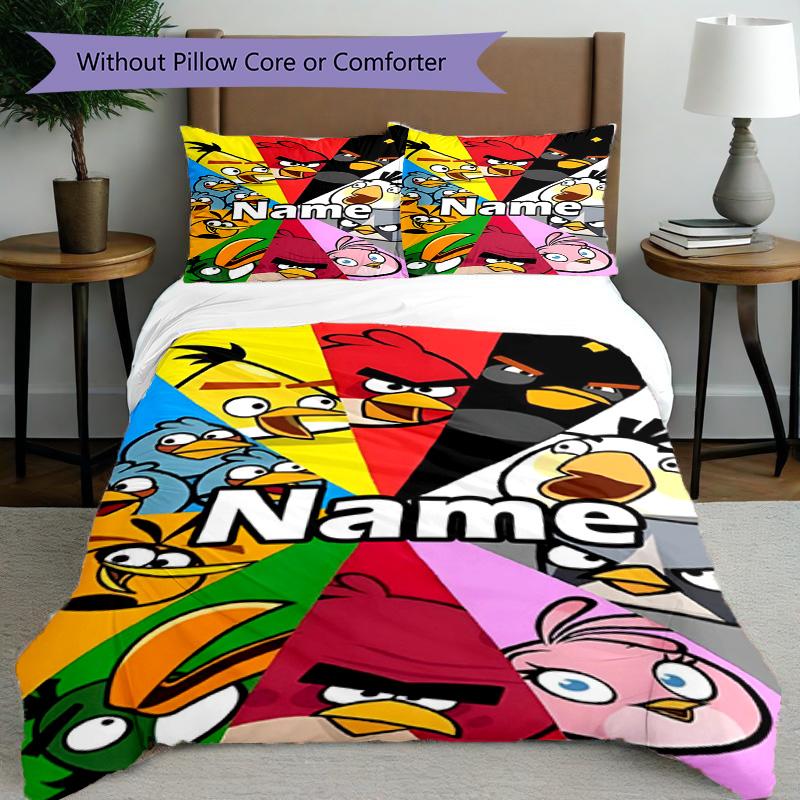 3pcs Duvet Cover Set (1*Duvet Cover + 2*Pillowcase, Without Core), Custom Name Angry Birds Pattern Bedding Set, Home Bedroom Decor Gift