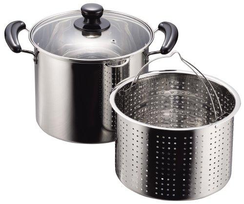 Pearl Metal New Danran H-5876, 22 см, Кастрюля для пасты из нержавеющей стали со стеклянной крышкой, Совместима с индукцией, Серебристый