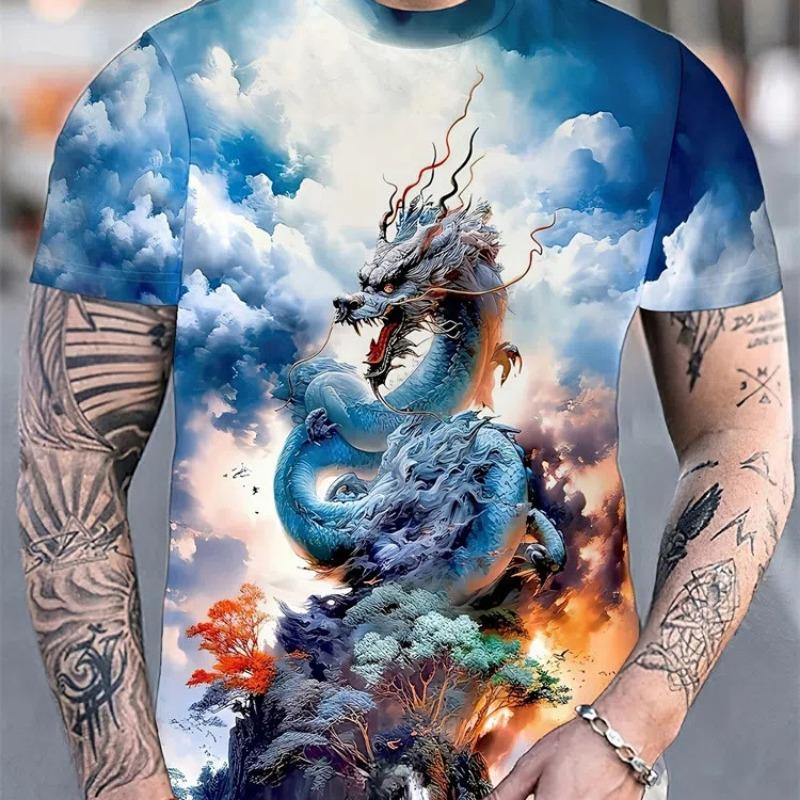 Fashion Personality Men T-Shirt Dragon Pattern 3D Printed Harajuku Street Short Sleeve O Neck T Shirts Oversized Tee Casual Tops