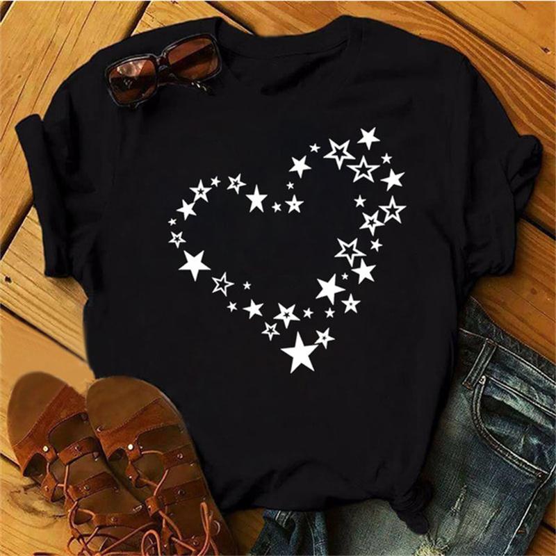 Maycaur Woman Star Moon Print Harajuku Летние футболки Повседневная футболка с круглым вырезом и коротким рукавом Женская черная футболка Прямая поставка