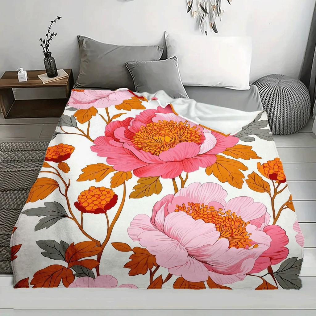 1pc Floral Print Flannel Throw Blanket - Vibrant Pink & Orange Design, Soft & Cozy for Home, Sofa, Beach, Camping, Office Decor