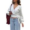 Женский светло-серый трикотажный кроп-топ с V-образным вырезом, перекрестной завязкой и рукавами-буфами