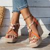 Босоножки на танкетке с металлическим декором для женщин, летние гладиаторские сандалии на платформе с плетеными полосками, женские пляжные сандалии с толстой подошвой, женские