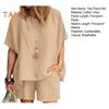 Women's Cotton Linen 2-Piece Outfit Short Sleeve Crewneck Pullover Top And Shorts Set with Pockets Summer Casual Loungewear Tracksuit