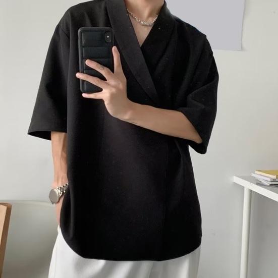 Мужская летняя рубашка с v-образным вырезом, свободная мешковатая однотонная мягкая хип-хоп рубашка с короткими рукавами, мягкий дышащий повседневный пуловер, уличная одежда, топ для стилиста