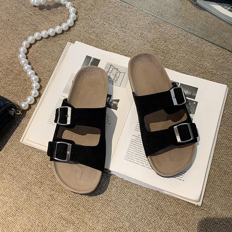 Новые летние женские пробковые тапочки повседневные пляжные с двойной пряжкой нескользящие наружные шлепанцы из нубука из кожи на платформе женские сандалии