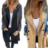 Women's Long Coat with Mixed Materials Design, Grey and Beige Double Breasted Outerwear
