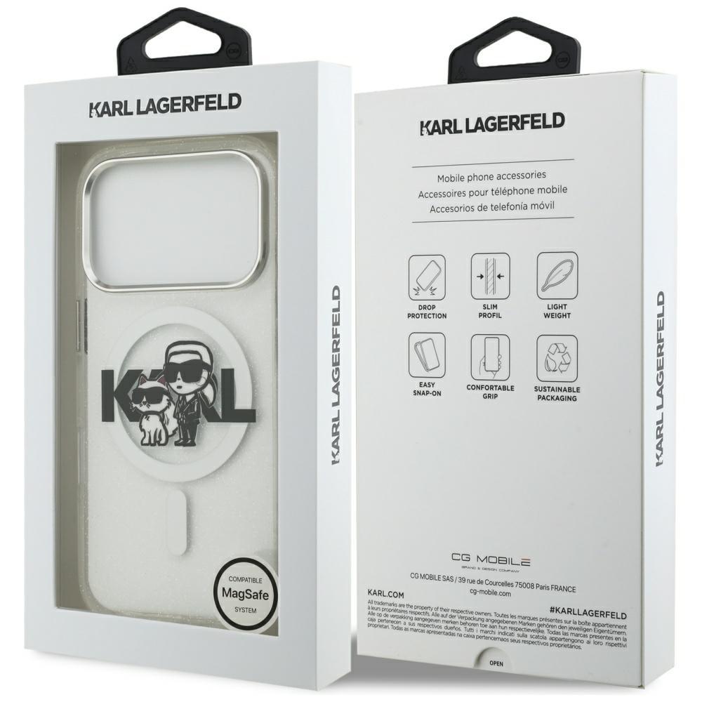 Karl Lagerfeld IML Glitter Karl & Choupette Sketch Logo MagSafe Case for iPhone 17 Pro Clear