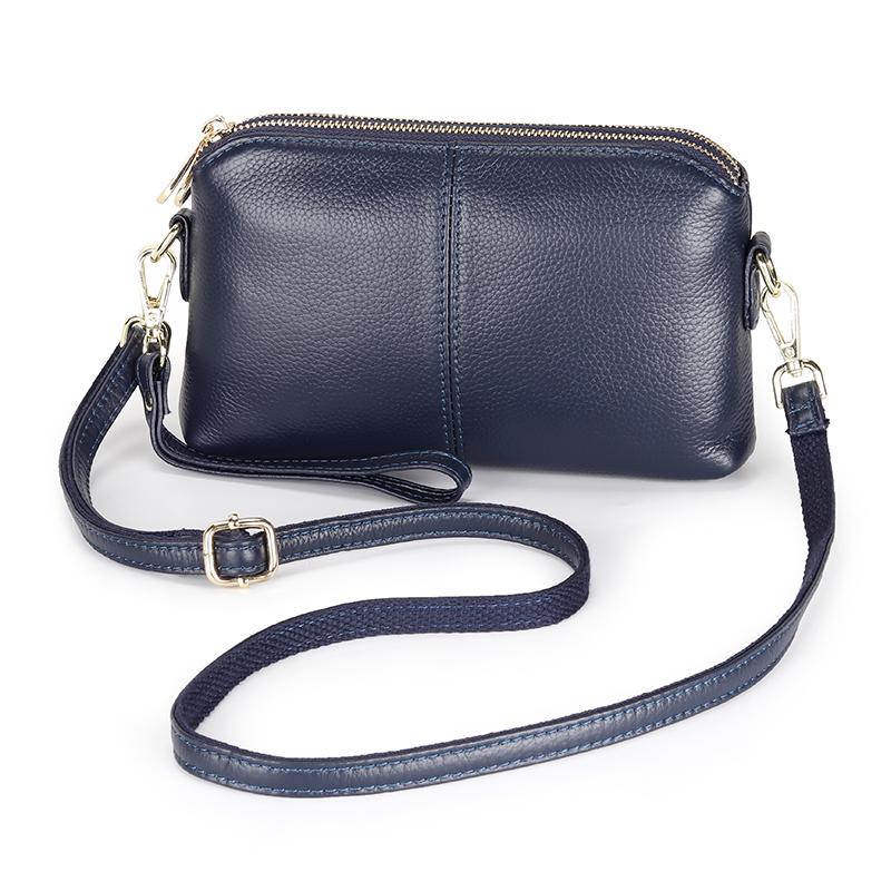 Luxury Genuine Cow Leather Small Shoulder Bag For Women Double Zipper Crossbody Messenger Handbag Black/Blue 5 Colors Card Pocke