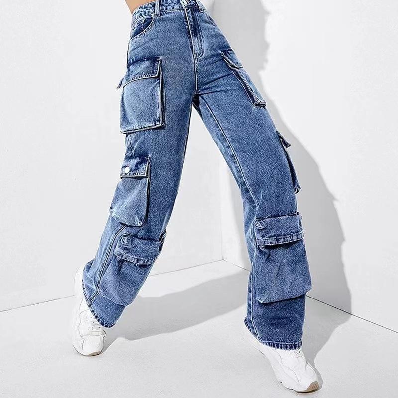 Women's Multi-pocket Washed Loose Jeans Y2K Hip-hop Harajuku Casual High Waist Wide Pants