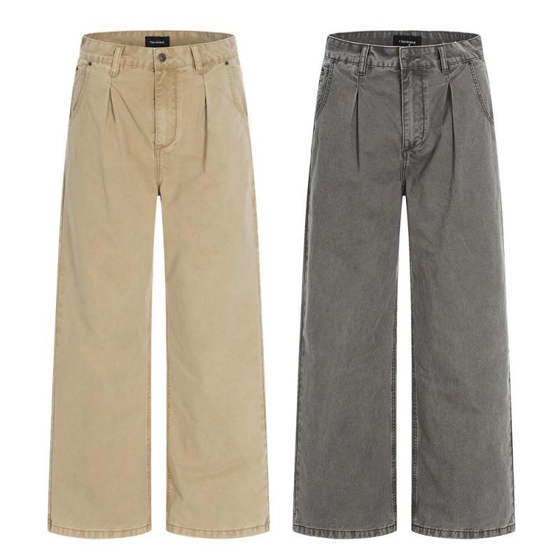 Mens Streetwear Relaxed Straight Leg Pants Vintage Wash Pleated Casual Trousers