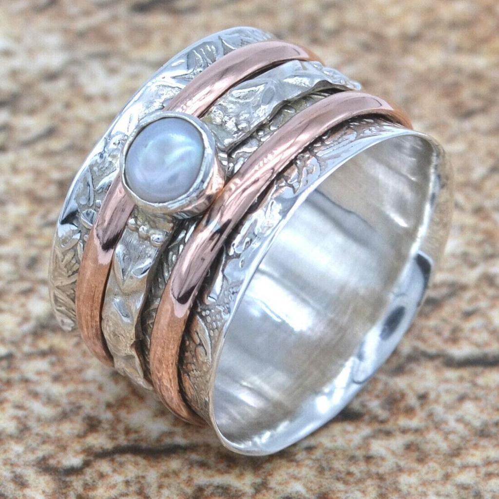 White Pearl Ring, Spinner Ring, Two Tone Ring, Designer Ring, Handmade Ring, Spinner Band, Bohemian Ring, Anniversary Gift