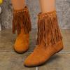 Women Retro Winter Western Fringe Moccasin Classic Tassel Cowboy Ankle Booties Low Heels Suede Boots