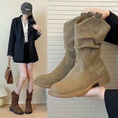 Новые осенне-зимние ботинки-чулки женские ковбойские ботинки в западном стиле женские ботинки средней высоты большого размера женские ботинки