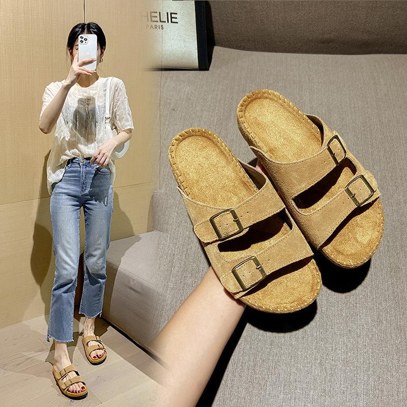 Модные шлепанцы из натуральной кожи и пробки, женская обувь, летние сандалии из коровьей замши с двумя пряжками, женские пляжные тапочки, женские шлепанцы