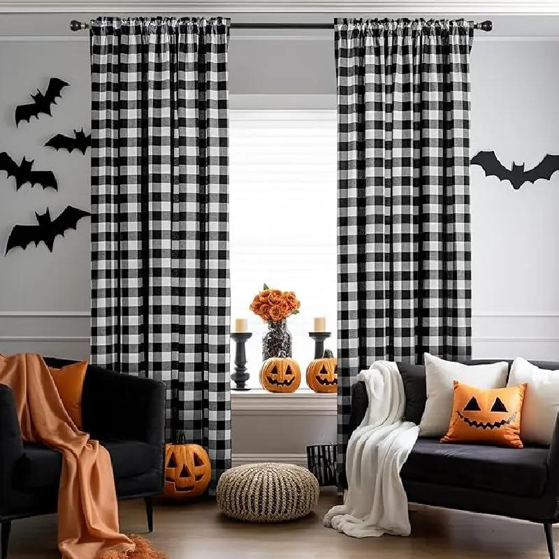 Рождественские Шторы в клетку Буффало, Шторы для гостиной, Шторы для спальни, Винтажные полупрозрачные шторы для фермерского дома, Рождественские украшения