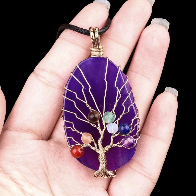 Natural Agate Stone Life of Tree Pendant Necklace Rough Wire Winding Pendant Sweater Chain Jewelry Women's for Necklace 7 Chakra