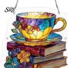 Home Decoration Suncatcher Floral Tea Cup And Book Suncatcher, Stained Glass Effect Window Hanging Ornament, DIY Acrylic Sun Catcher Puzzle