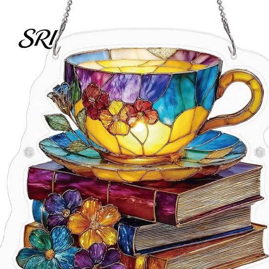 Home Decoration Suncatcher Floral Tea Cup And Book Suncatcher, Stained Glass Effect Window Hanging Ornament, DIY Acrylic Sun Catcher Puzzle