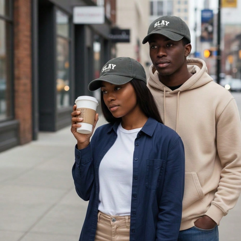 Slay All Day Baseball Cap - Unisex "SLAY ALL DAY" Print Adjustable Lightweight Dark Grey Curved Brim Casual Streetwear Baseball Hat
