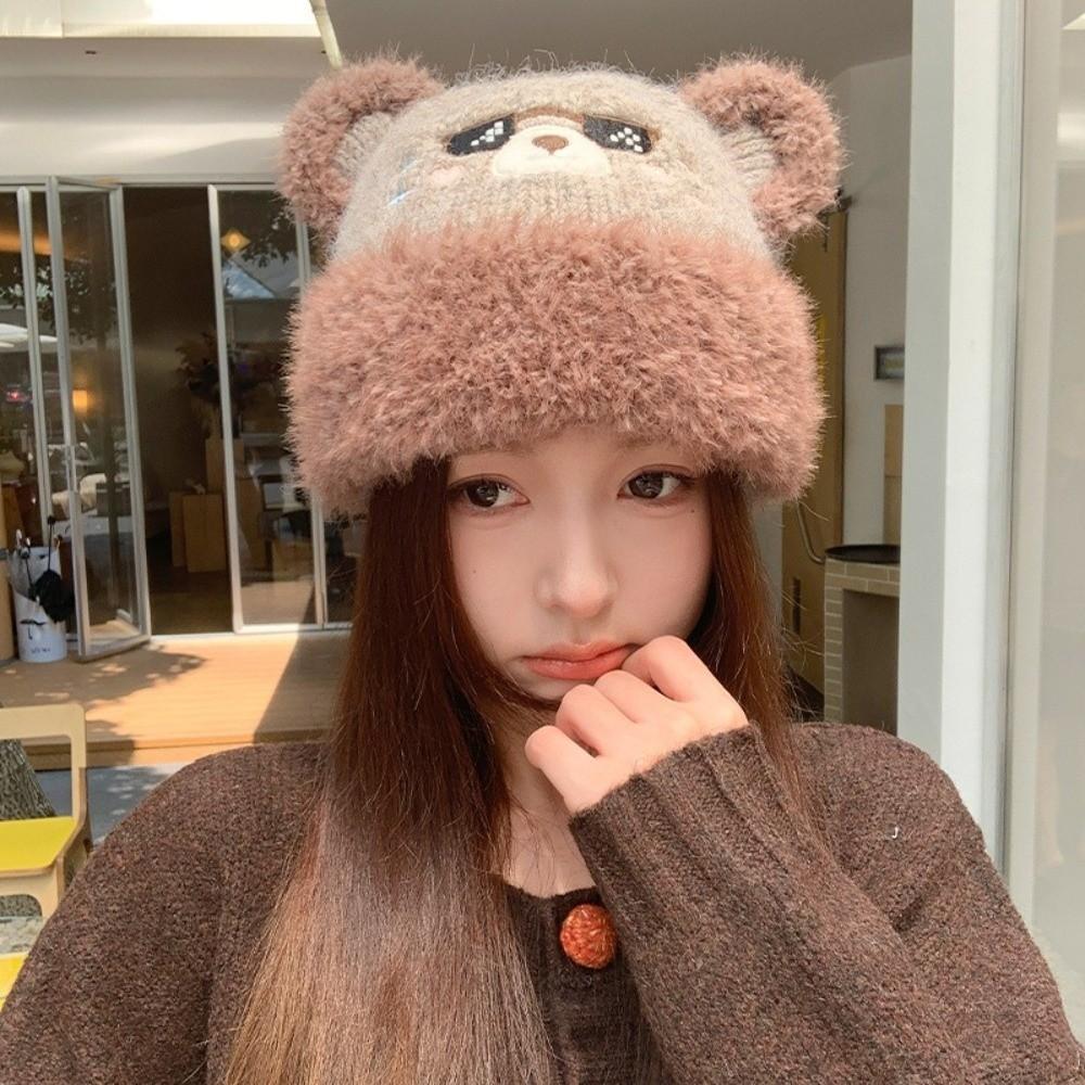 Large Head Circumference Bear Ear Hat Face Slimming Design Winter Beanie Hat Daily Casual
