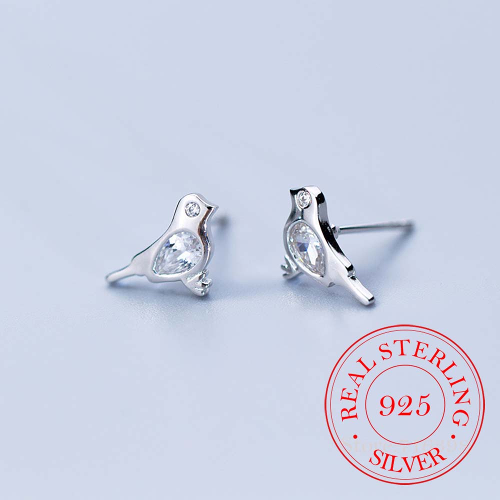 100% 925 Sterling Silver Cut Crystal Bird Stud Earrings for Women Girls Creative Lady Fashion Jewelry Pendientes